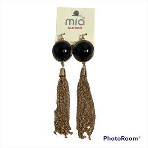 Mia Glamour Black Gold Metal Tassel Chain Dangle Hook Earrings by Kim Min Sun